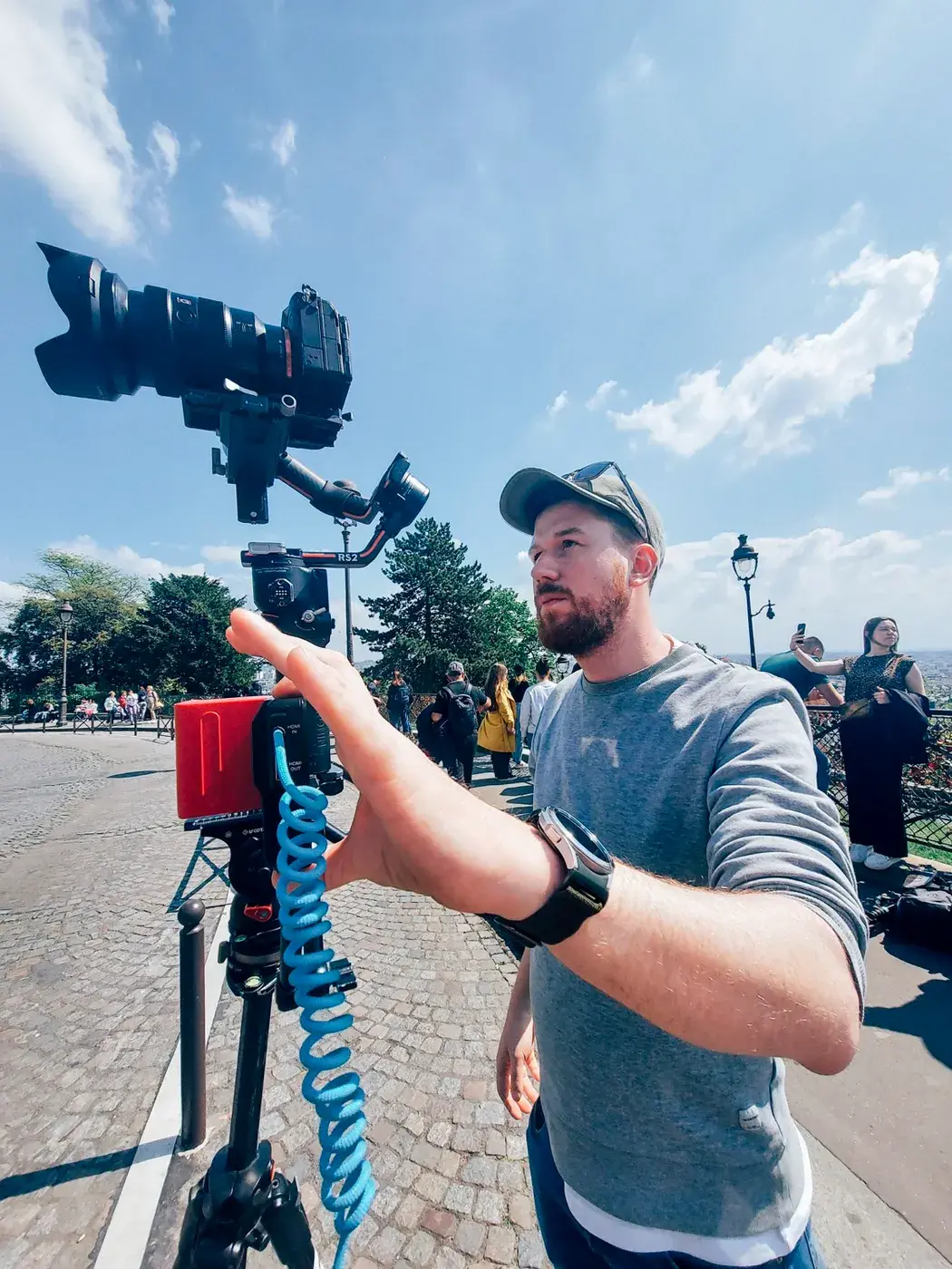 Setting up a gimbal camera rig on location