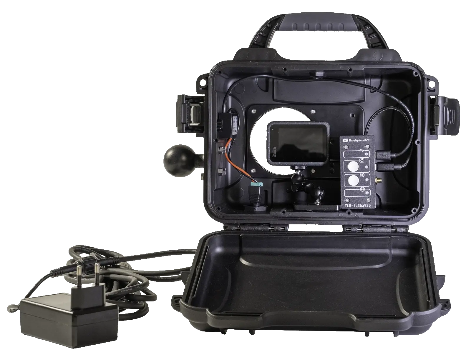 Open Timelapserobot box with GoPro, TLR-Bridge and power supply