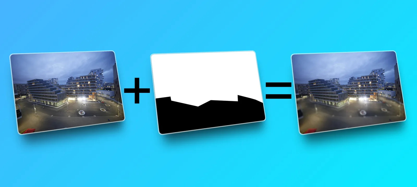 Original image plus a black-and-white mask equals the same image with the masked area blurred.