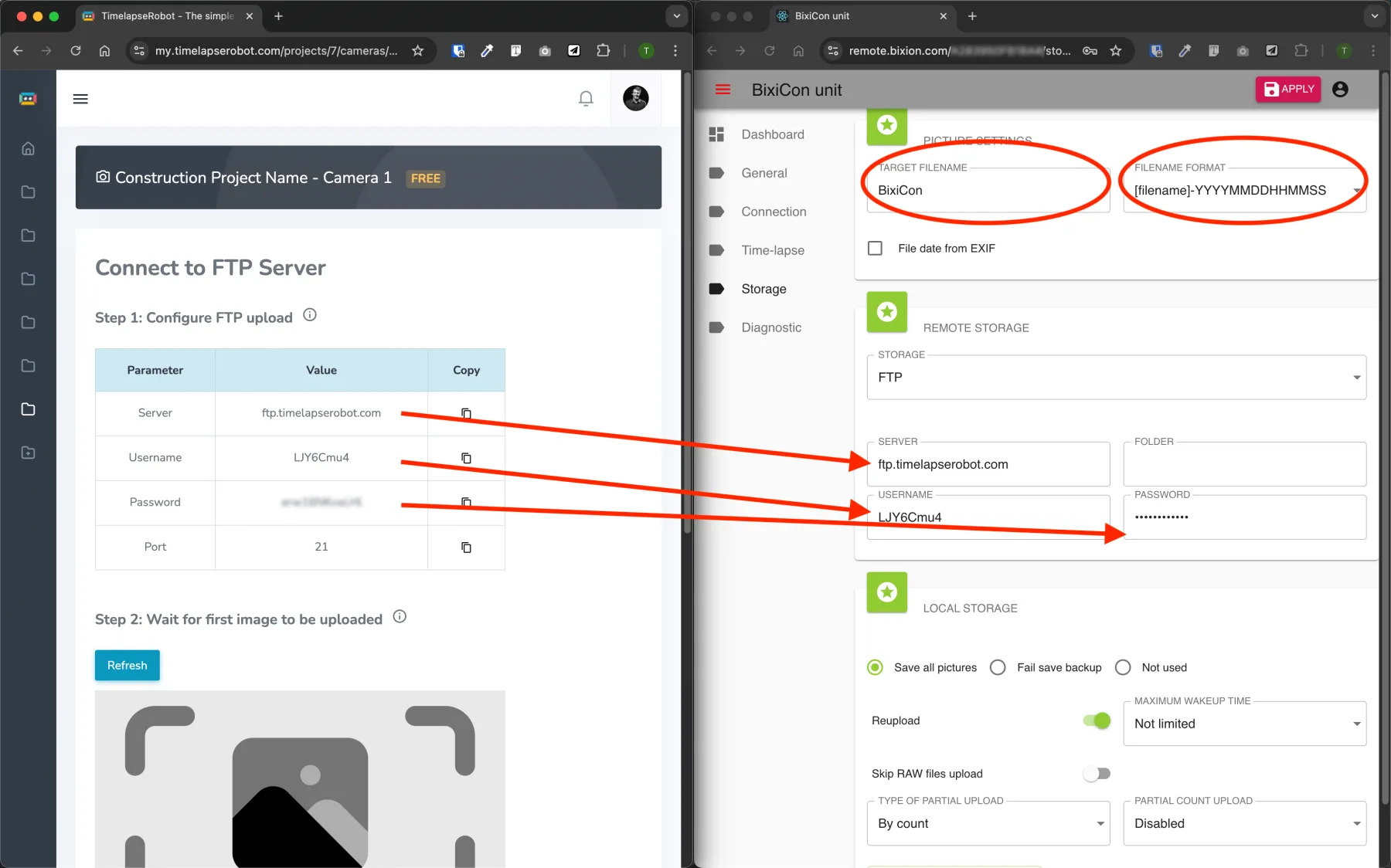 Enter the TimelapseRobot FTP credentials in the Bixion storage settings.