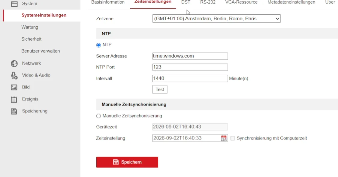 Zeiteinstellungen: Zeitzone Mitteleuropa, NTP aktiviert, Abgleich einmal pro Tag.