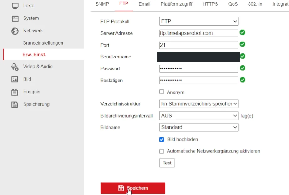FTP-Einstellungen in der Hikvision-Weboberfläche mit aktiviertem Bild-Upload und automatischer Netzwerkergänzung.