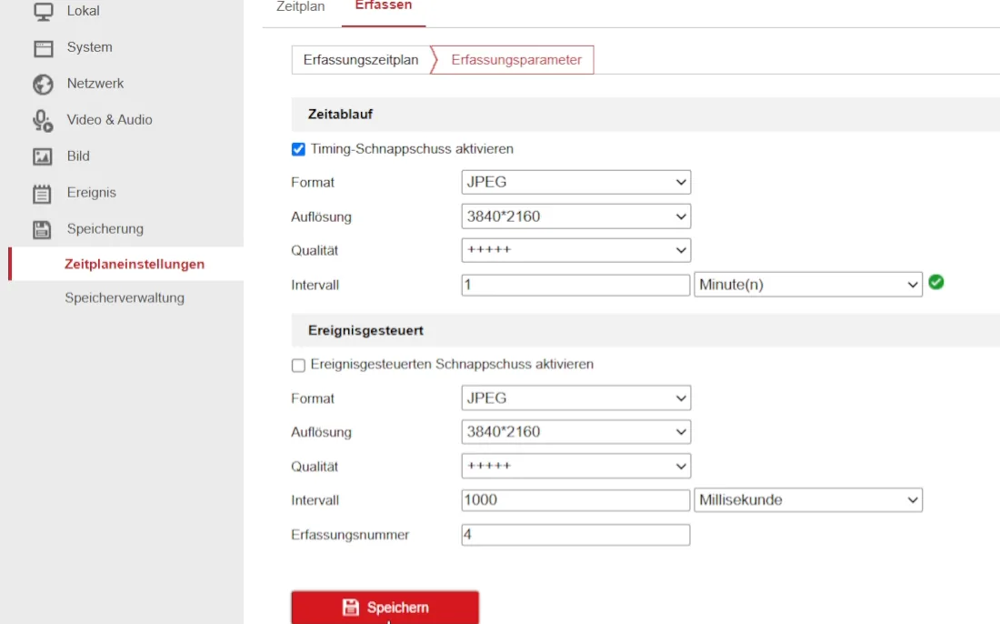 Erfassungsparameter: Timing-Schnappschuss aktiviert, JPEG, volle Auflösung, Intervall mit Einheitenmenü.