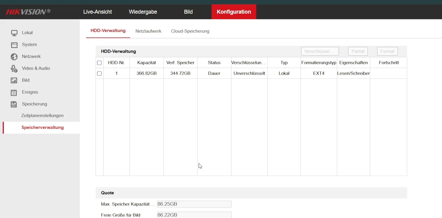 HDD-Verwaltung: microSD-Karte erkannt und beschreibbar.
