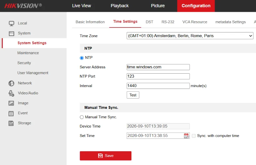 Time Settings: Central European time zone, NTP enabled, one sync per day.