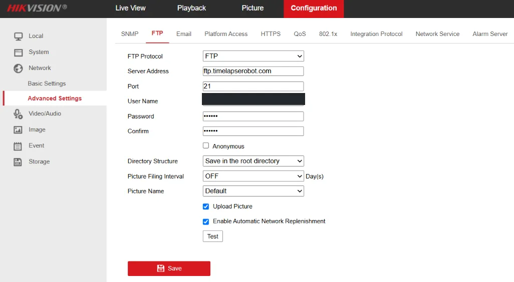 FTP settings in the Hikvision web interface with Upload Picture and Automatic Network Replenishment enabled.