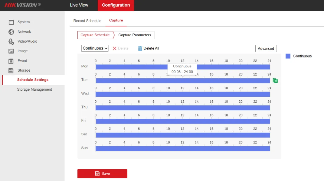 Capture Schedule: continuous, all seven days marked.