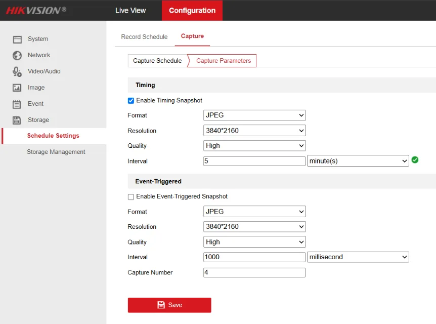 Capture Parameters: Timing snapshot enabled, JPEG, full resolution, interval with unit menu.