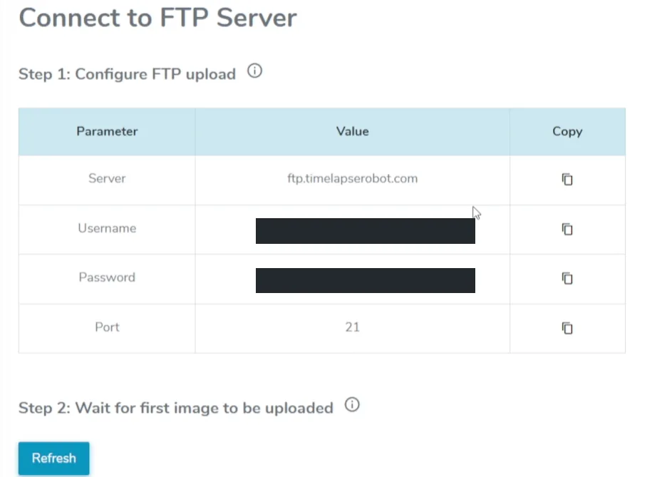 TimelapseRobot shows server, username, password and port for the new camera.
