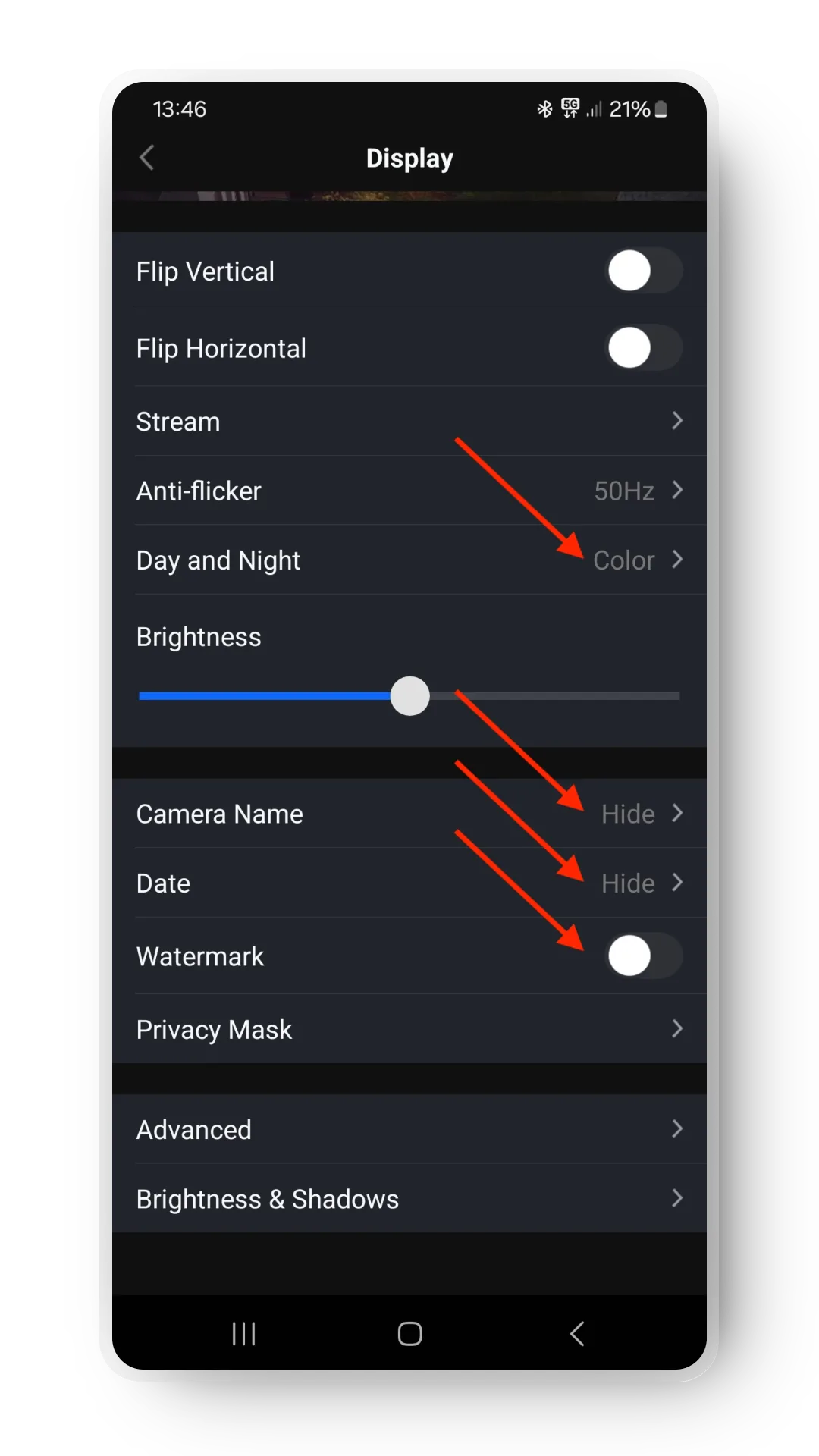 Wichtige Display-Einstellungen in der Reolink-App.