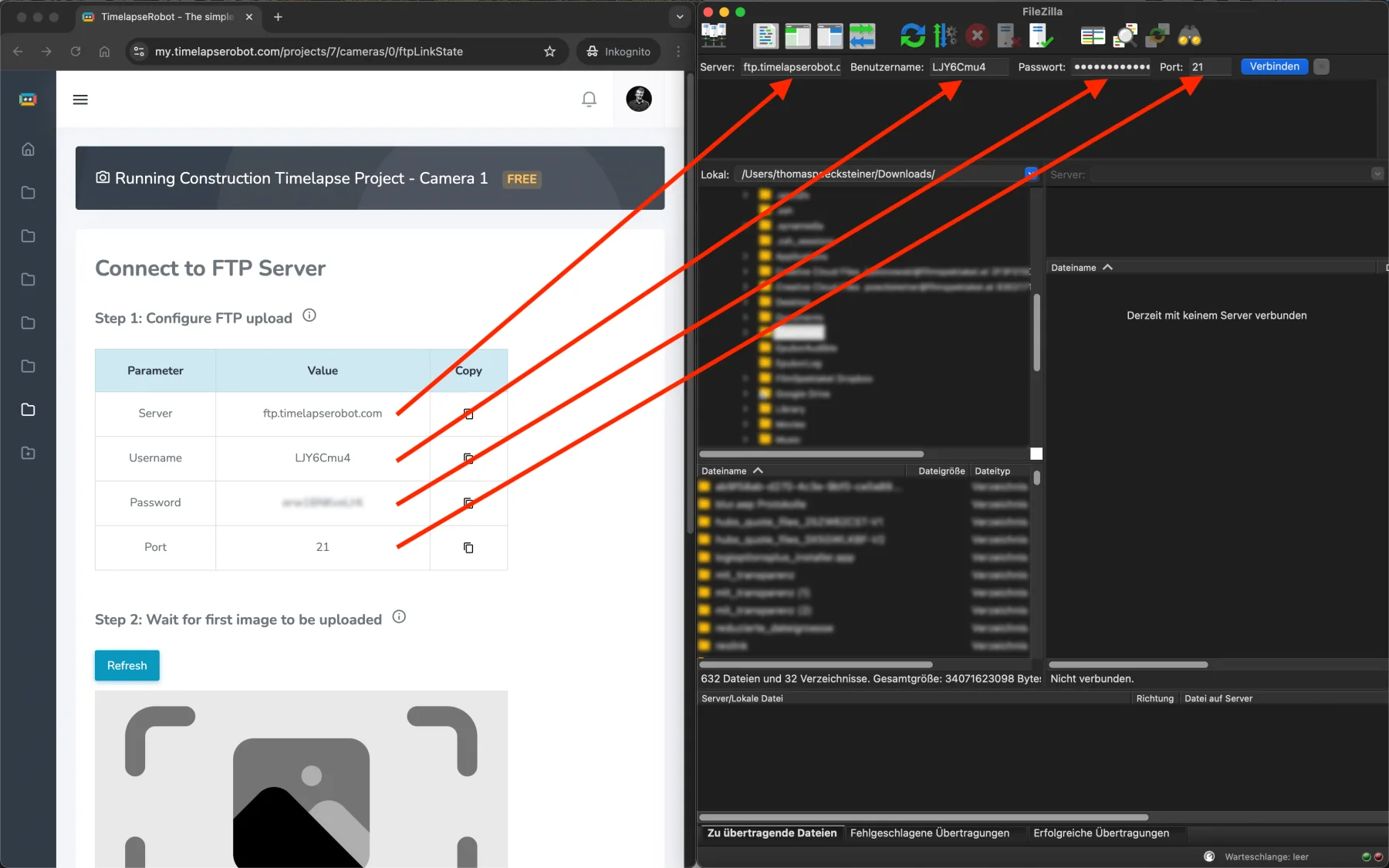 Trage die FTP-Zugangsdaten von TimelapseRobot in deinen FTP-Client ein.